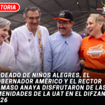 Rodeado de niños alegres, el gobernador Américo y el rector Damaso Anaya disfrutaron de las amenidades de la UAT en el DIFzania 2026