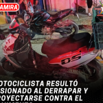 Motociclista resultó lesionado al derrapar y proyectarse contra el pavimento